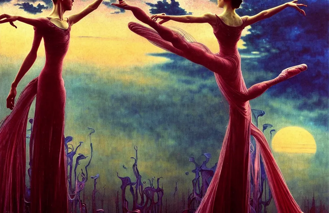 Image similar to realistic detailed portrait movie shot of a prima ballerina wearing a dark robes, sci fi city landscape background by denis villeneuve, amano, yves tanguy, alphonse mucha, ernst haeckel, max ernst, roger dean, masterpiece, rich moody colours, dog teeth, blue eyes, sunset