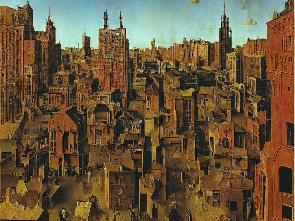 Image similar to The periphery, Communist neighborhood in the afternoon. Painting by Jan van Eyck, Rene Magritte, Jean Delville, Max Ernst, Beksinski