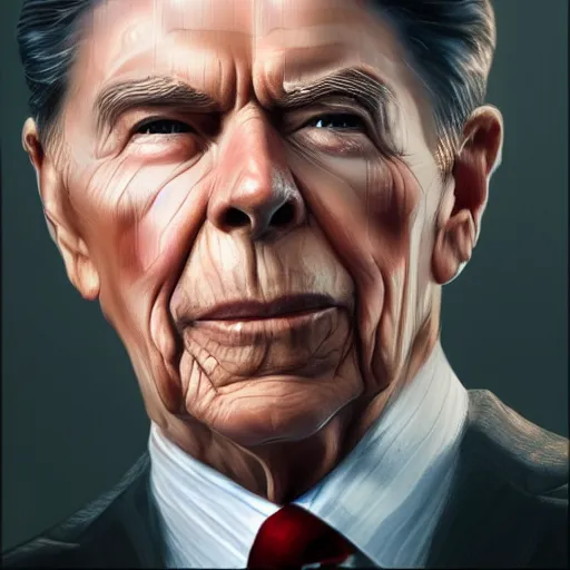 Prompt: gay ronald reagan, smooth, focus, highly detailed, hyper realistic, dramatic lighting, intricate, concept art, art by wlop, mars ravelo