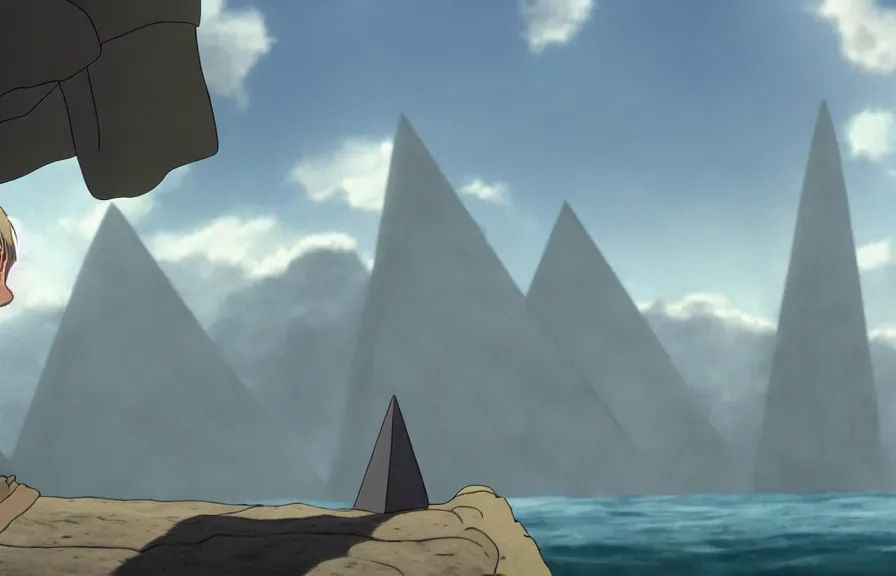 Prompt: a cell - shaded cartoon movie still from howl's moving castle ( 2 0 0 4 ) of a monk in a grey robe. in the background is a white pyramid with a golden capstone in the ocean. shafts of sunlight come from above. wide shot, very dull muted colors, hd, 4 k, hq