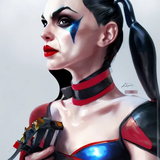 Image similar to a potrait of face of gal gadot as Harley Quinn, by Stanley Artgerm Lau, WLOP, Rossdraws, James Jean, Andrei Riabovitchev, Marc Simonetti, Yoshitaka Amano, ArtStation, CGSociety, Full body shot