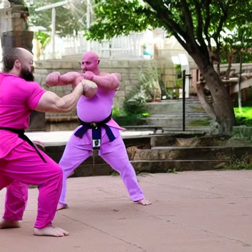 Image similar to a very muscular bald Bodybuilding dwarf is wearing a pink dress. he has a purple chin beard. he is doing karate and is fighting with kids.