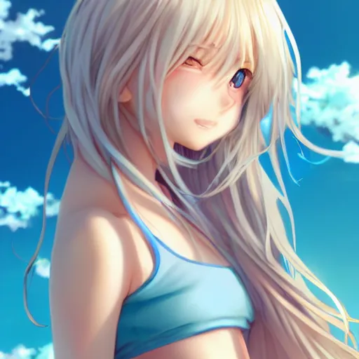 Image similar to a very beautiful young anime summer girl, full body, long wavy blond hair, sky blue eyes, full round face, evil grin, bikini, miniskirt, front view, mid - shot, highly detailed, cinematic wallpaper by stanley artgerm lau