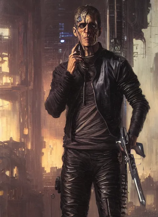 Prompt: Frankenstein as a cyberpunk assassin in a cyberpunk stealth suit (blade runner 2049, cyberpunk 2077). Orientalist portrait by john william waterhouse and James Gurney and Theodore Ralli and Nasreddine Dinet, oil on canvas. Cinematic, hyper realism, realistic proportions, dramatic lighting, high detail 4k