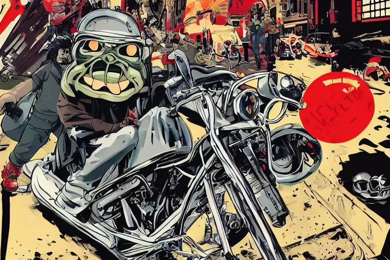 Image similar to pizza the hut, akira's motorcycle, gorillaz, poster, high quality