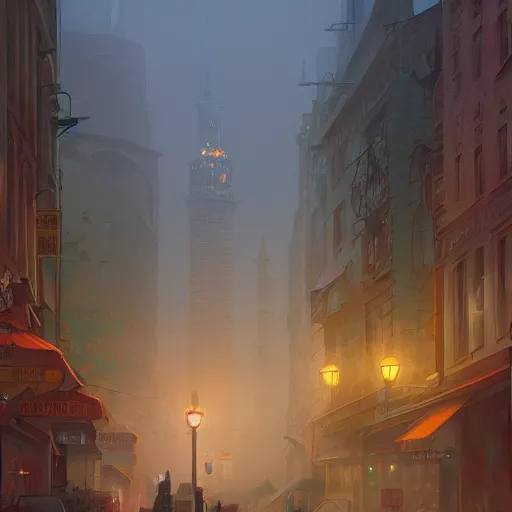 Image similar to movie scene of a downtown, lviv, a very misty day, rainy day, by ian mcque ferdinand knab, makoto shinkai and lois van baarle, artgerm, pixar, ilya kuvshinov,, tom bagshaw, global illumination