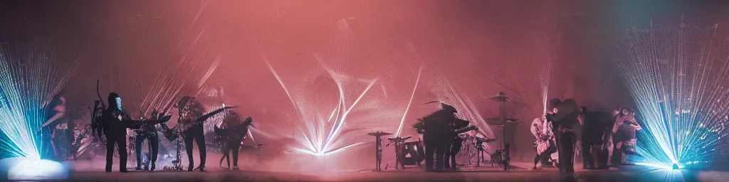 Image similar to dusty Trent Reznor smashing guitars, group of people on stage playing instruments, elaborate stage effects, dust, smoke, giant LED screens, colored projections, ultrafine detail, goth cybersuit, glowing thin wires, smoke, high contrast, projections, a screenshot by David Gilmour Blythe, holography, tesseract, volumetric lighting, anamorphic lens flare