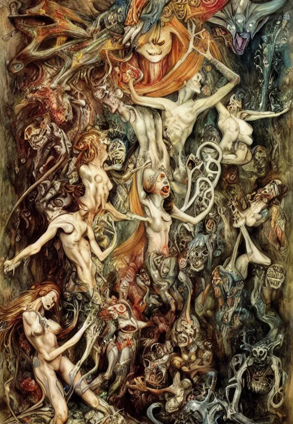 Prompt: colorful muscular eldritch bodies radiating town fractal, white bones, white skeletons, by h. r. giger and esao andrews and maria sibylla merian eugene delacroix, gustave dore, thomas moran, pop art, chiaroscuro, biopunk, art nouveau