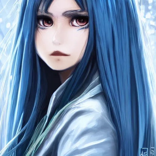 Image similar to full face shot of rimuru tempest, sky blue straight hair, long bangs, with amber eyes, wearing a fancy black jacket, high collar, ultra detailed, brush strokes, digital painting, cinematic, wlop artstation, closeup, pixiv, intense, intimidating glare, photorealistic, overpowering, andy warhol,