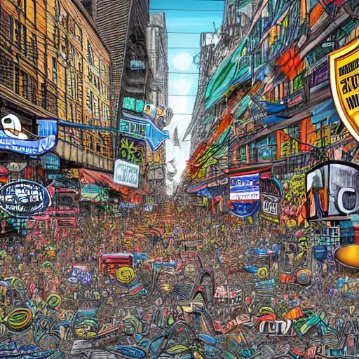 Prompt: landscape of people running away scared from crypto logos standing in the city, cointelegraph design, hyperdetailed, hdr, 8 k