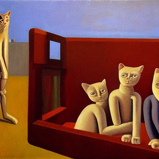 Image similar to three brutalist feline robots portrait, grant wood, pj crook, edward hopper, oil on canvas