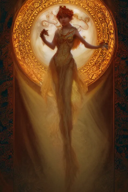 Image similar to tarot card artstation, portrait of a ghostly love dancer, sunrise, baroque ornament and rococo ornament, ancient chinese ornate, hyperdetailed, beautiful lighting, craig mullins, mucha, klimt, yoshitaka amano, red and gold and orange color palette