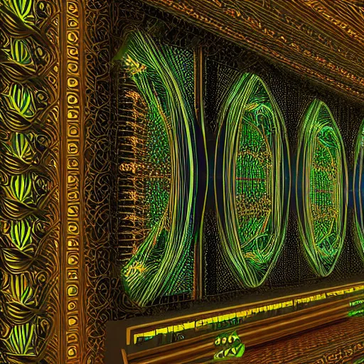 Prompt: an expansive 3d rendering beautiful and complex interwoven luminous fractal art nouveau deco elven mainframe computer forest made of circuit boards.