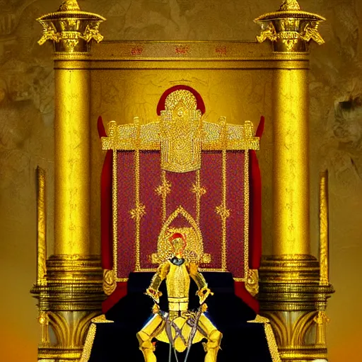 Image similar to a tall royal knight in golden armor saluting his king in a throne room, painting, digital art, harsh lighting