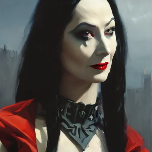 Image similar to greg manchess portrait painting of partially armored morticia from addams family as overwatch character, medium shot, asymmetrical, profile picture, organic painting, sunny day, matte painting, bold shapes, hard edges, street art, trending on artstation, by huang guangjian and gil elvgren and greg rutkowski