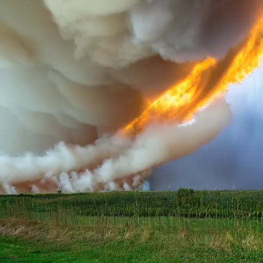 Prompt: a tornado make of flames in a field