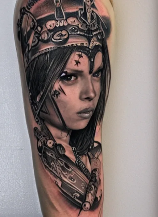 Image similar to tattoo design of a hyper - realistic beautiful girl warrior, hyper detailed, in the design of eliot kohek, white background