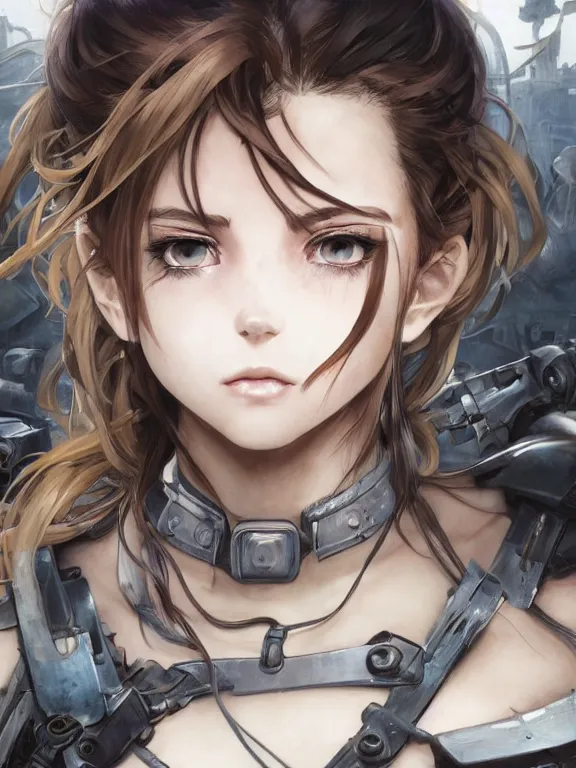 Prompt: close up picture of a uniformed berserker girl with technical devices looking at the camera, cynical, bored, beautiful and aesthetic, intricate, unreal engine, messy hair, highly detailed, detailed face, smooth, sharp focus, chiaroscuro, manga illustration, artgerm, greg rutkowski, alphonse mucha, young adult light novel cover art