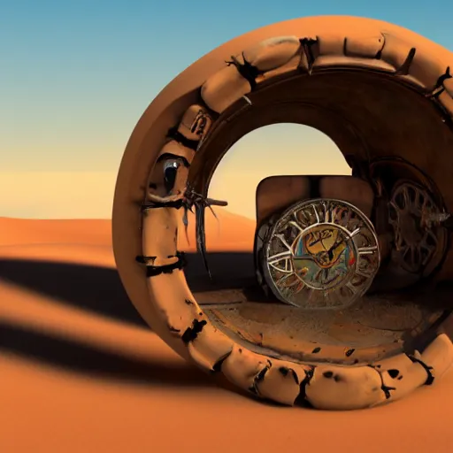 Image similar to a broken time machine stranded in a desert