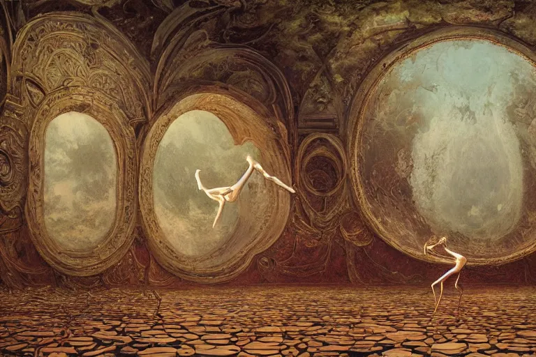 Image similar to a highly detailed beautiful painting of a domed abandoned ballroom, rot decay and vines, in center an elegant male dancer on flamingo legs, by salvador dali and zdzisław beksinski, artstation, dramatic lighting