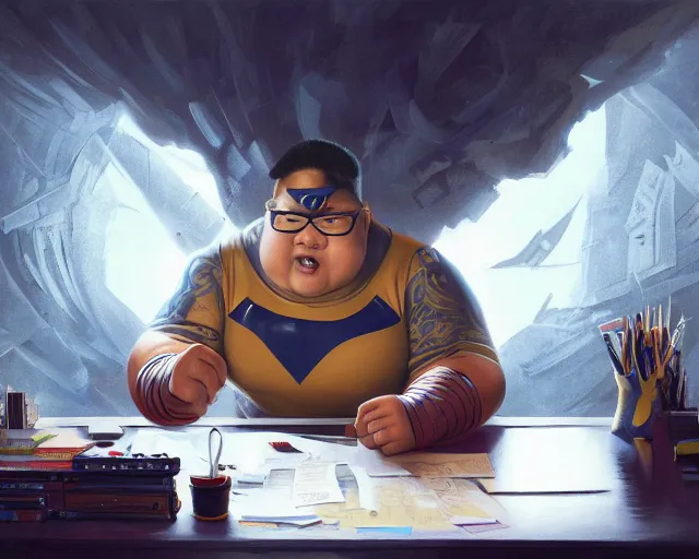 Image similar to an insanely detailed painting of a slightly chubby, nerdy asian man wearing a superhero costume, sitting at a desk, staring at the nervously at the computer and typing, in the style of peter mohrbacher, dramatic lighting and composition, octane render, pixar, trending on artstation, concept art, comic book, view from behind