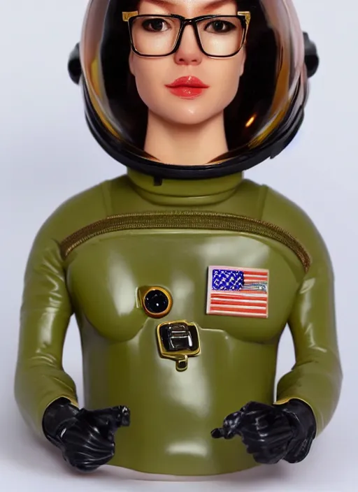 Prompt: 80mm resin detailed miniature of a Female Astronaut, clothed in space suit, glasses , olive skin, brown long hair, beautiful bone structure, symmetrical facial features, Product Introduction Photos, 4K, Full body,