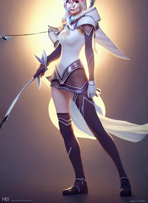 Image similar to ashe, from league of legends, shooting arrows with a silver bow, wearing nurse costume, white skirt, hyper detailed, digital art, trending in artstation, cinematic lighting, studio quality, smooth render, unreal engine 5 rendered, octane rendered, art style by klimt and nixeu and ian sprigger and wlop and krenz cushart