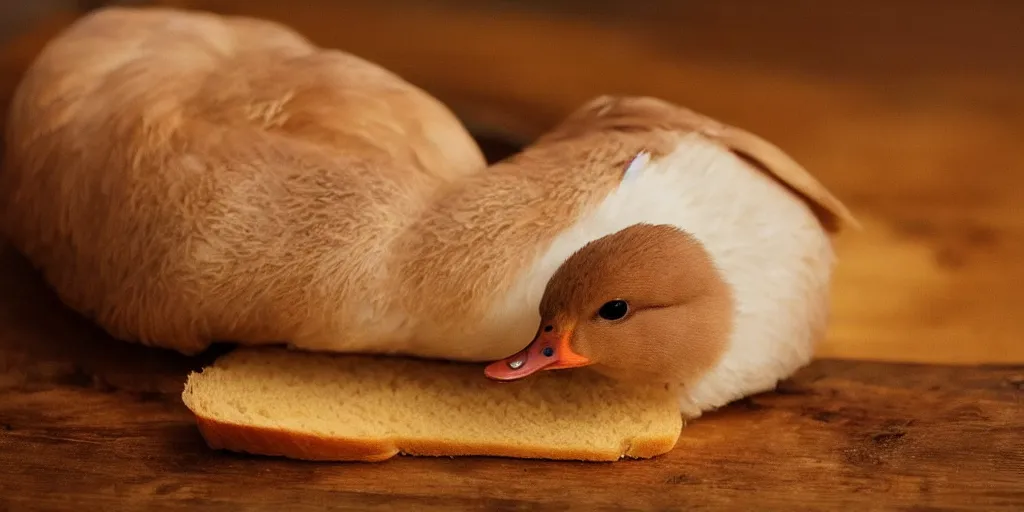 Prompt: A cute duck as a loaf of bread, realistic, close up, ambient lighting, ultra high detail.
