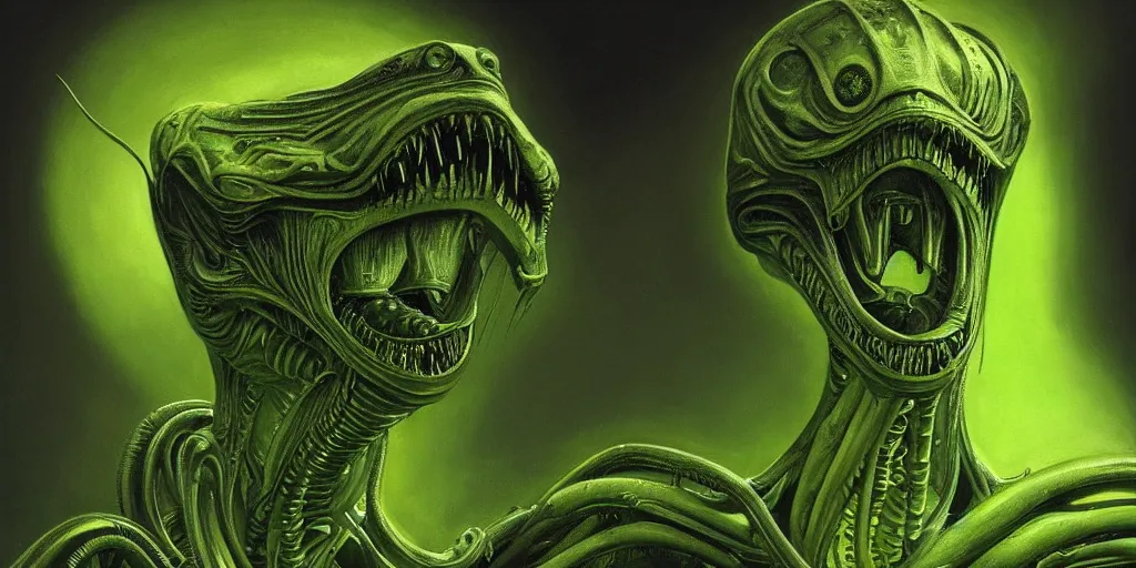 Image similar to a painting of a alien creature with a green background, an ultrafine detailed painting by h. r. giger, artstation, space art, reimagined by industrial light and magic, # vfxfriday, cosmic horror