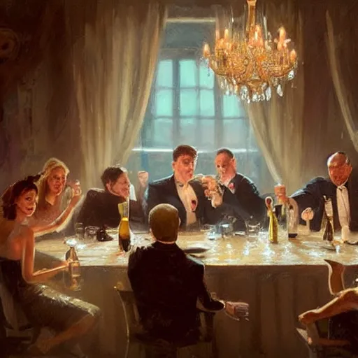 Prompt: a happy mafia family celebrating drinking champagne around a table, a big chandelier hanging from roof by greg rutkowski and thomas kinkade, trending on artstation