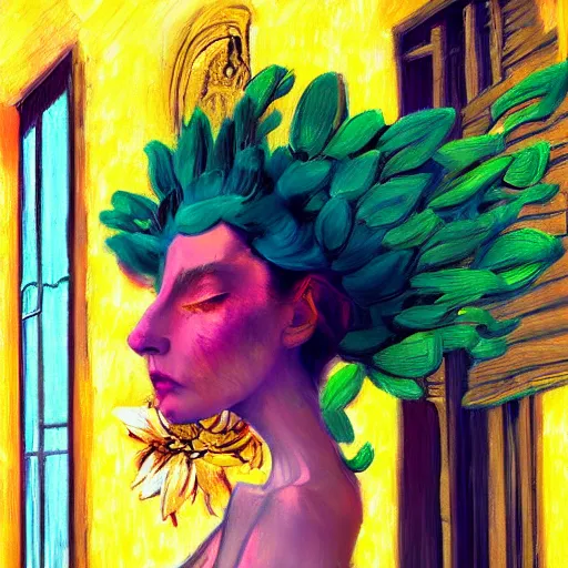 Image similar to giant flower under head, woman next to modern windows, luxury apartment, surreal photography, dramatic light, impressionist painting, digital painting, artstation, van gogh