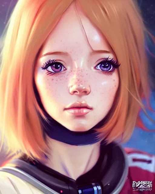 Image similar to portrait Anime freckled blonde space cadet girl Anna Lee Fisher anime cute-fine-face, pretty face, realistic shaded Perfect face, fine details. Anime. realistic shaded lighting by Ilya Kuvshinov Giuseppe Dangelico Pino and Michael Garmash and Rob Rey, IAMAG premiere, aaaa achievement collection, elegant freckles, fabulous