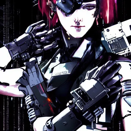 Prompt: cyberpunk military mafia woman with cybernetic arm, Yoji Shinkawa