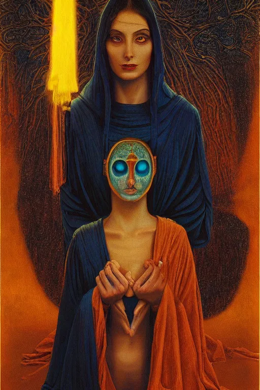 Image similar to gorgeous robed cult girl performing realism third eye ritual, positive dark theme night time, expanding energy into waves into the ethos, epic surrealism 8k oil painting, portrait, depth of field, perspective, high definition, post modernist layering, by Ernst Fuchs, Gerald Brom