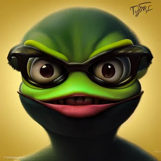 Image similar to pepe in Pixar style by Stanley Artgerm and Tom Bagshaw