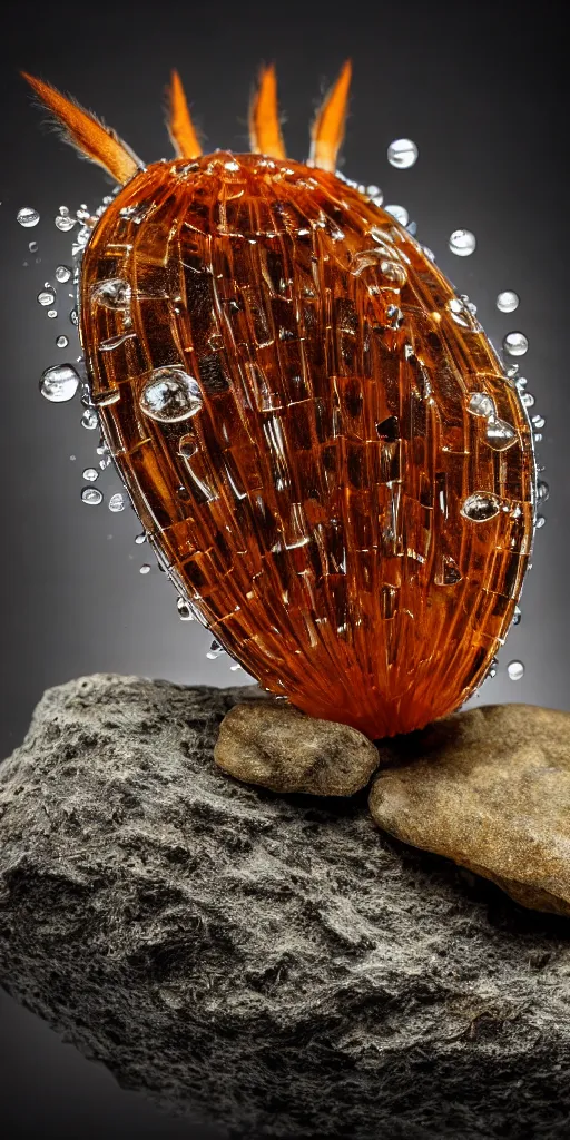 Image similar to professional photo shot of a scutigera made of silica crystal fused with rocks in the background, microscopic picture, droplets of water, grimy, gritty, trending on artstation, award winning, close shot, by aleks labuda and barry webb