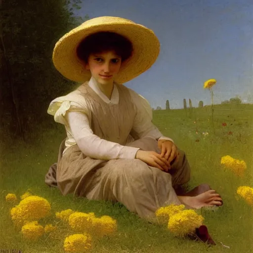 Image similar to A portrait of a fox in a straw hat surrounded by dandelions, by William-Adolph Bouguereau, Robert Cleminson, Carl Friedrich Deiker