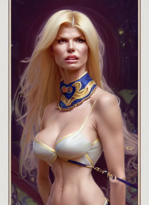 Prompt: portrait of victoria silvstedt as a lady, collar and leash, jewelry, greek, sapphire, intricate, headshot, highly detailed, digital painting, artstation, concept art, sharp focus, cinematic lighting, illustration, art by artgerm and greg rutkowski, alphonse mucha, cgsociety