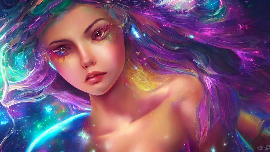 Image similar to highly detailed close up portrait of a celestial girl with a body made of cosmic energy, character art, studio lightning, bright colors, intricate, masterpiece, photorealistic, hiperrealistic, sharp focus, high contrast, Artstation HQ, DeviantArt trending, 4k UHD, Unreal Engine 5