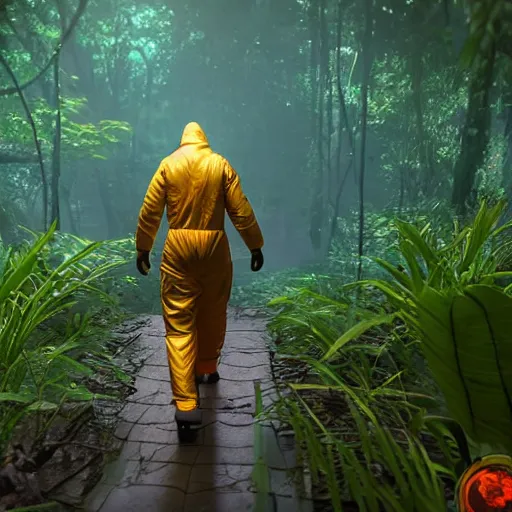 Image similar to a man wearing a hazmat suit, walking through a lush jungle, at night, red glow, unreal engine 5, ray traced, god rays, extremely high detail