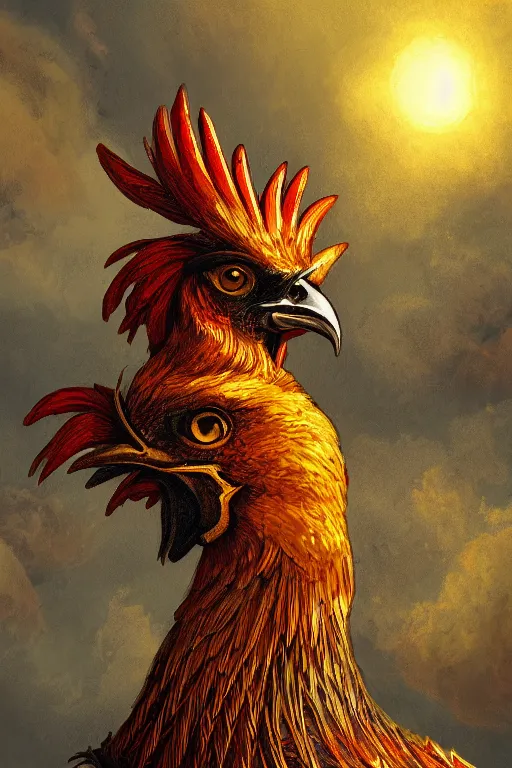 Image similar to a beautiful tarot card artwork of a rooster, wearing knight armour!, horror, backlit, gloomy sky, highly detailed, digital painting, intricate golden threads, by kevin siembieda, vivid colors, detailed shading, 8 k resolution, intricate, smooth