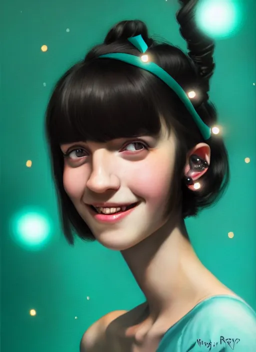 Image similar to portrait of high school girl, realistic, black hair, bangs, half updo hairstyle, pointy nose, skinny, smile, ugly, defined jawline, big chin, teal hair bow, earrings, intricate, elegant, glowing lights, highly detailed, digital painting, artstation, sharp focus, illustration, art by wlop, mars ravelo and greg rutkowski