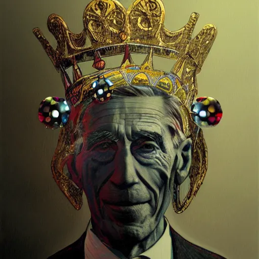 Image similar to Claude shannon father of cybernetics and artificial intelligence wearing a crown, highly detailed, award winning art, featured on art station