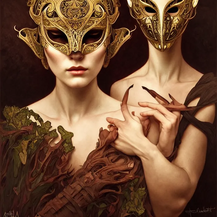 Prompt: Mask under Mask under mask, dramatic lighting, fantasy, intricate, elegant, highly detailed, lifelike, photorealistic, digital painting, artstation, illustration, concept art, smooth, sharp focus, art by John Collier and Albert Aublet and Krenz Cushart and Artem Demura and Alphonse Mucha