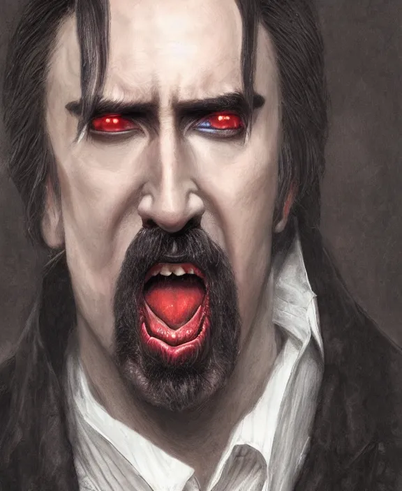 Image similar to nicolas cage as dracula, highly detailed, centered, artstation, concept art, smooth, sharp focus, illustration, bokeh art by artgerm and donato giancola and joseph christian leyendecker