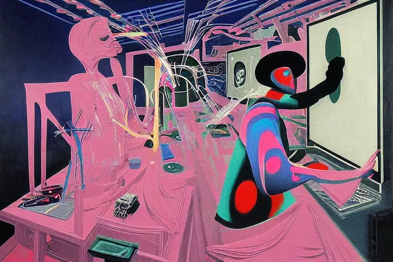 Image similar to a highly detailed beautiful masterpiece painting of a technomancer wizard in dazzle camouflage robes with pointed hood tampering with the world engine in his laboratory near a computer by Remedios Varo and Anato Finnstark and Greg Rutkowski and Andy Warhol and Francis Picabia, dayglo pink, dayglo blue, prismatic, pearlescent white, raven black, hyperrealism, 8k, trending on ArtStation