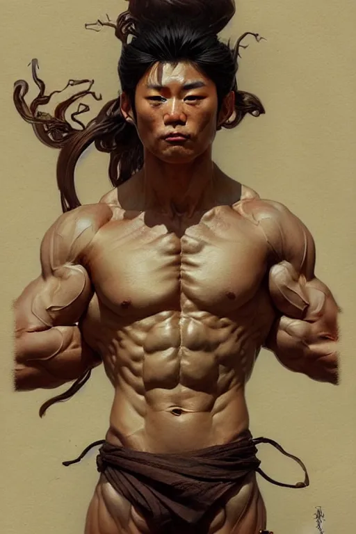 Prompt: Japanese god, gorgeous, amazing, muscular, fit, very muscular male body, intricate, highly detailed, digital painting, artstation, concept art, sharp focus, illustration, art by greg rutkowski and alphonse mucha