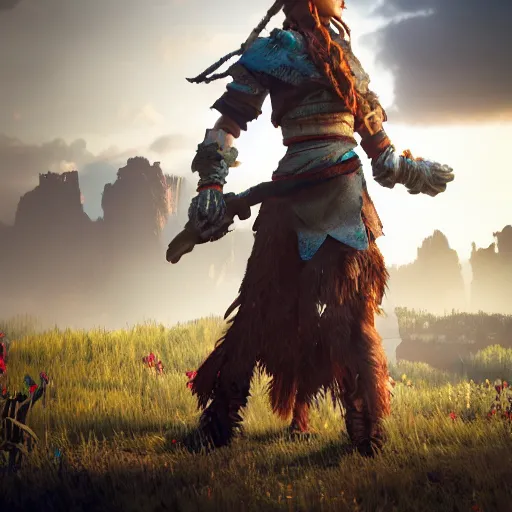 Image similar to Aloy (Horizon Zero Dawn), octane render