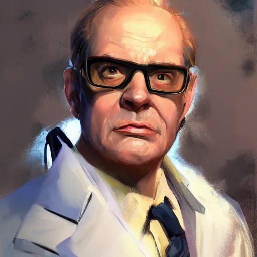 Image similar to greg manchess portrait painting of ghostbuster dr. raymond stantz overwatch character, medium shot, asymmetrical, profile picture, organic painting, sunny day, matte painting, bold shapes, hard edges, street art, trending on artstation, by huang guangjian and gil elvgren and sachin teng