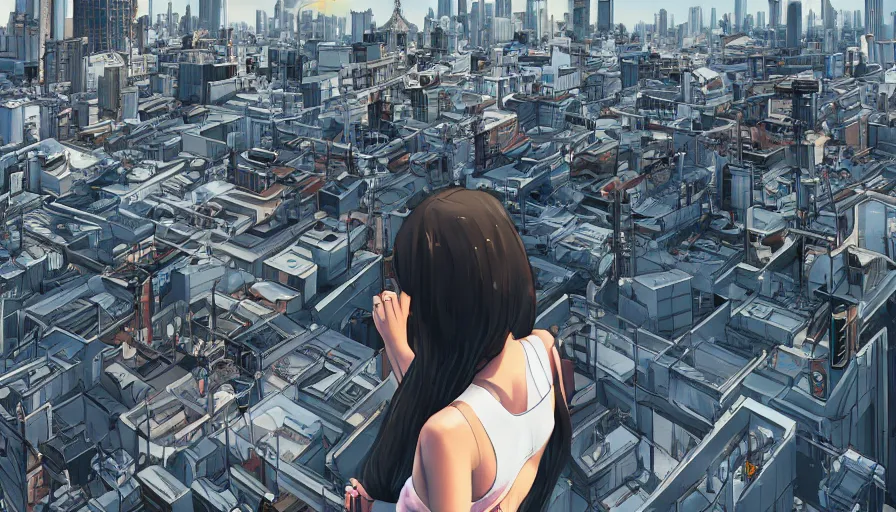 Prompt: Girl admiring Tokyo from the roof of a building, hyperdetailed, artstation, cgsociety, 8k